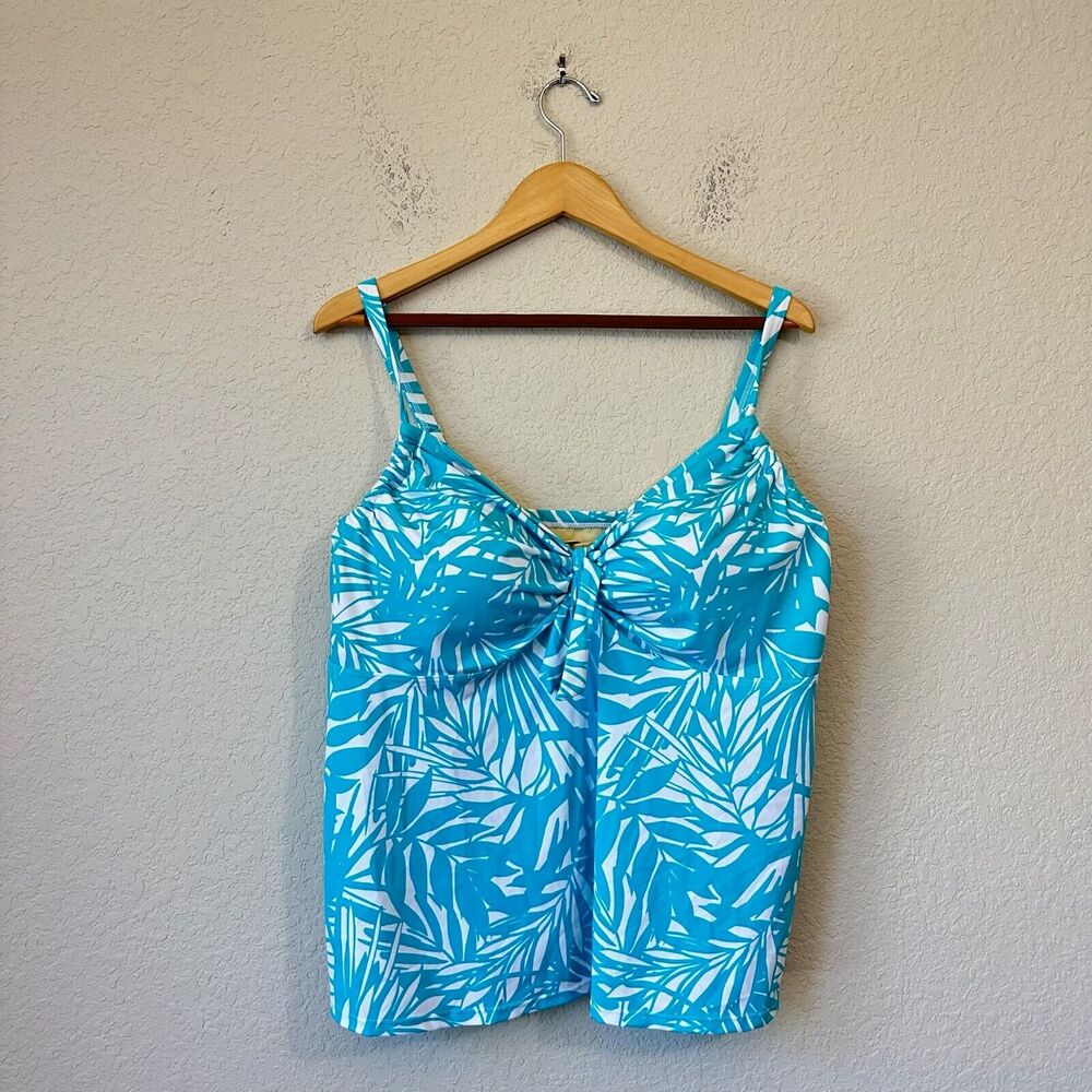 NWT SWIMSUITS FOR ALL Tankini Top in Palm Leaf Print White Aqua Bow